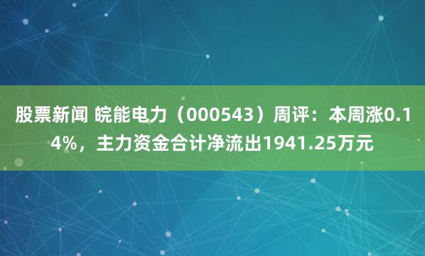 股票新闻 皖能电力（000543）周评：本周涨0.14%，主力资金合计净流出1941.25万元